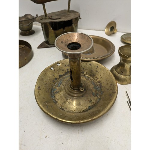 854 - A Large Selection of Antique Brass Including Bowls, Candle Holders, Etc