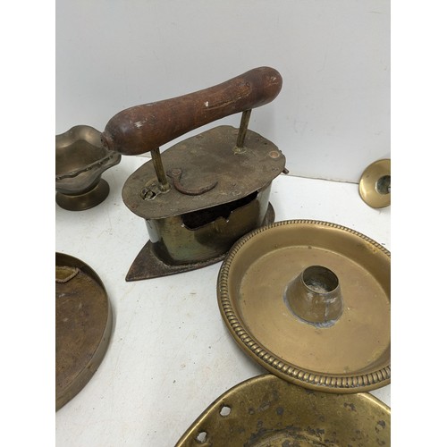 854 - A Large Selection of Antique Brass Including Bowls, Candle Holders, Etc