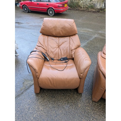 607 - A himola 2 piece brown leather sofa and electric rise and recliner armchair