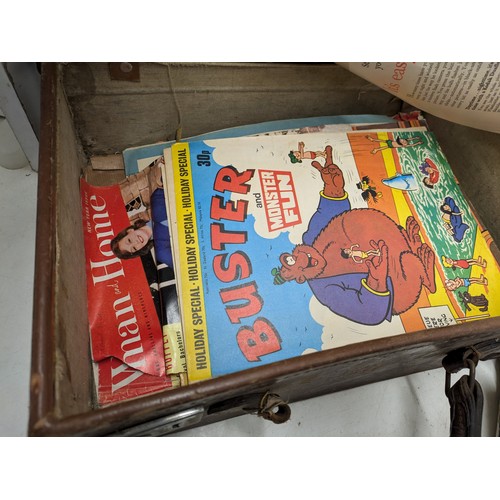 1045 - A Leather Suitcase Containing a selection of mid 20th century comic books, including Punch and Dandy