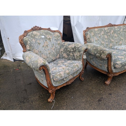 600 - A French Style Vintage sofa and 2 armchair set - floral designed blue upholstery with brass accents