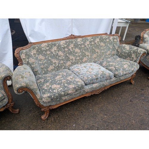 600 - A French Style Vintage sofa and 2 armchair set - floral designed blue upholstery with brass accents