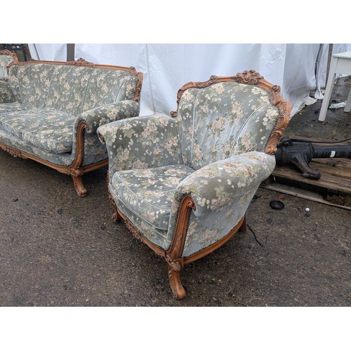 600 - A French Style Vintage sofa and 2 armchair set - floral designed blue upholstery with brass accents