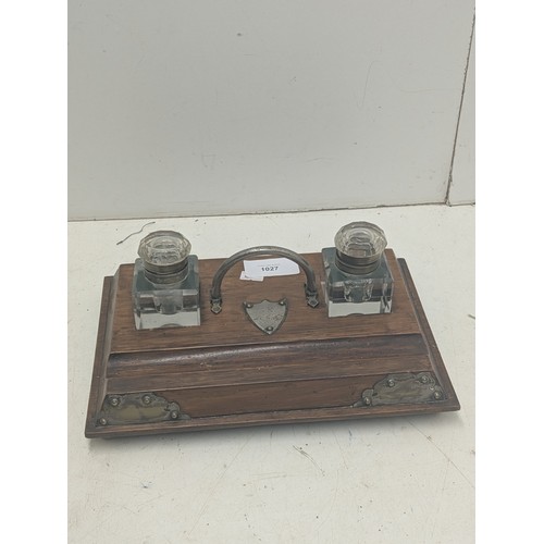 1027 - A Vintage Oak ink stand with 2 glass inkwells