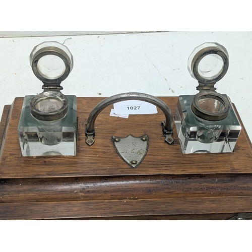 1027 - A Vintage Oak ink stand with 2 glass inkwells