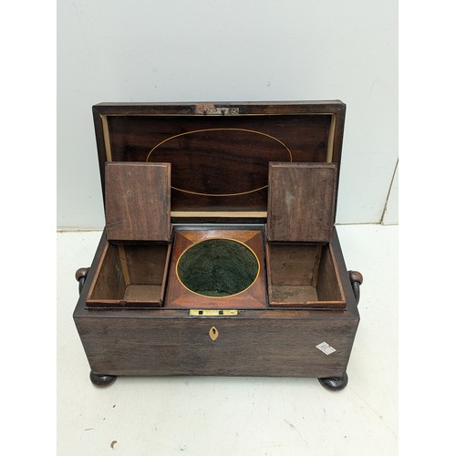 1025 - A Vintage Mahogany Verniered Makeup Box with interior lined compartments and engravings