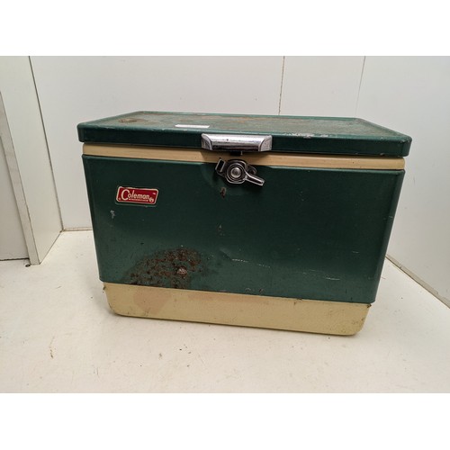 1054 - A Vintage Coleman Green and Cream coloured Metal Cooler Box With a Chrome Latch