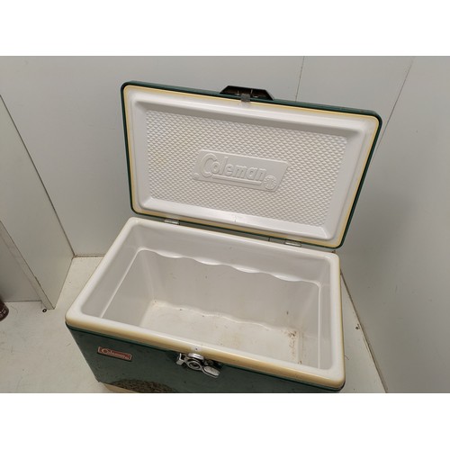 1054 - A Vintage Coleman Green and Cream coloured Metal Cooler Box With a Chrome Latch