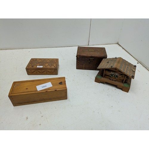 1024 - A Selection of various boxes including a music box and one depicting a log cabin