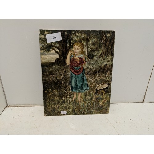 1004 - A Vintage painted Ceramic tile - Girl forriaging