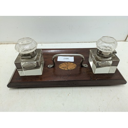 1017 - A Mahogany veneered Desk ink stand with 2 Glass inkwells