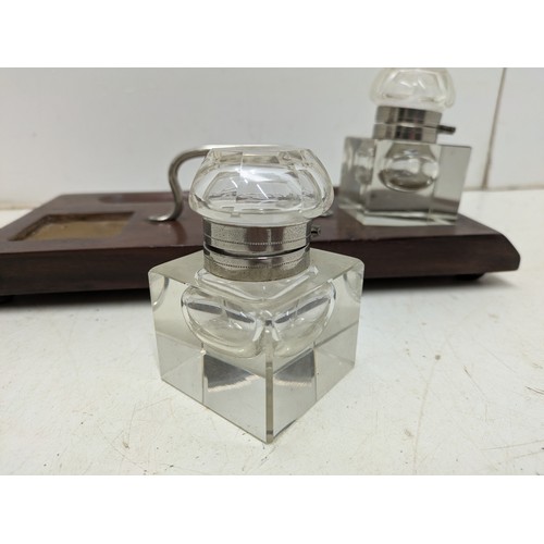 1017 - A Mahogany veneered Desk ink stand with 2 Glass inkwells