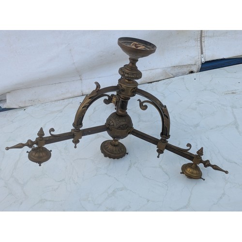 1073 - A Large 3 Branch French Brass Chandelier With Electric Bulb Sockets - Floral patterns with Spokes