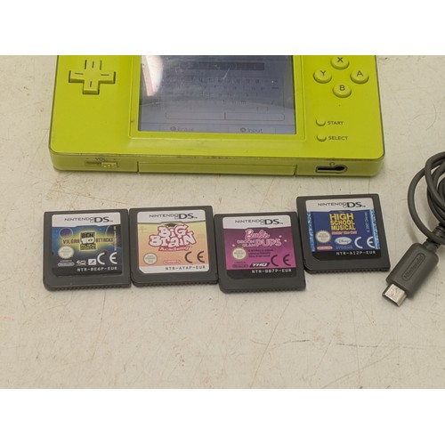 1515 - A lime Green Nintendo DS Console With Charger and 4 Games - Working