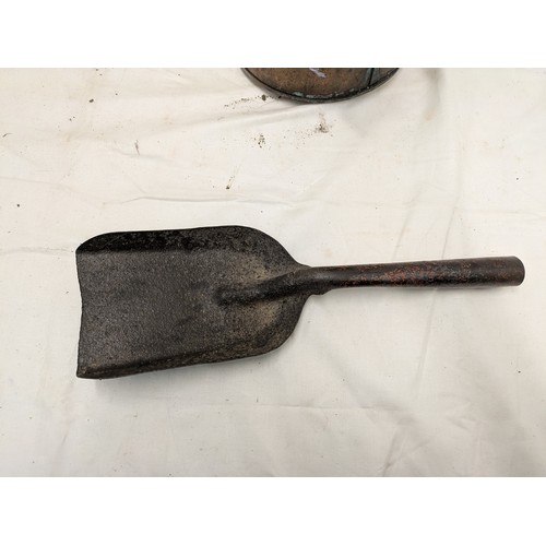 839 - A vintage copper coal scuttle with a Brades coal shovel