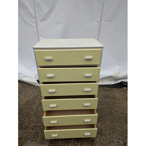 427 - A retro styled mid-century 6 drawer pine chest of drawers in a yellow and white colourway