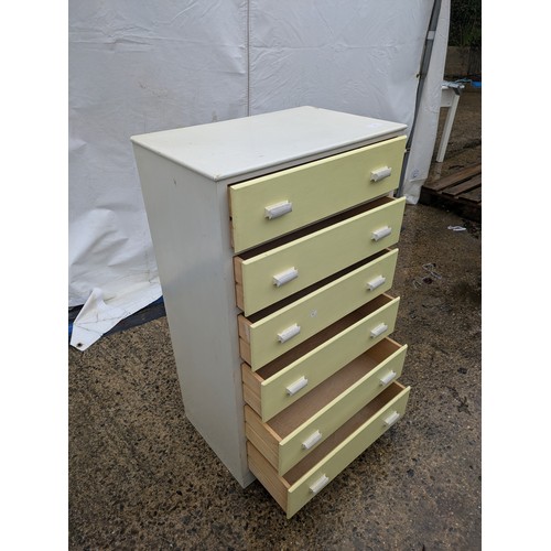 427 - A retro styled mid-century 6 drawer pine chest of drawers in a yellow and white colourway