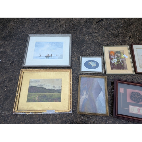 1924 - A Selection of watercolours, and an Indonesian framed banknote with stamp