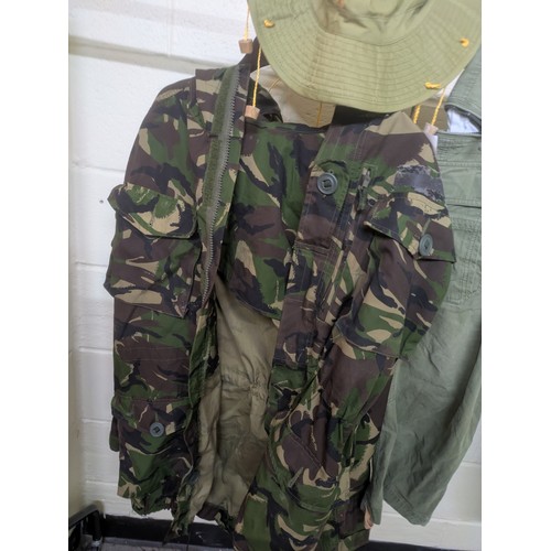 2044 - A Selection of Camouflaged British ERDL military clothing including jacket, hat and trousers