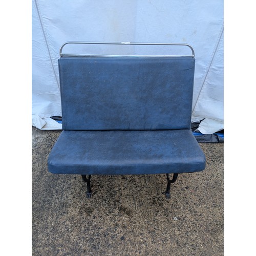 424 - A vintage circa 1980’s bus seat-metal frame with blue leather upholstery