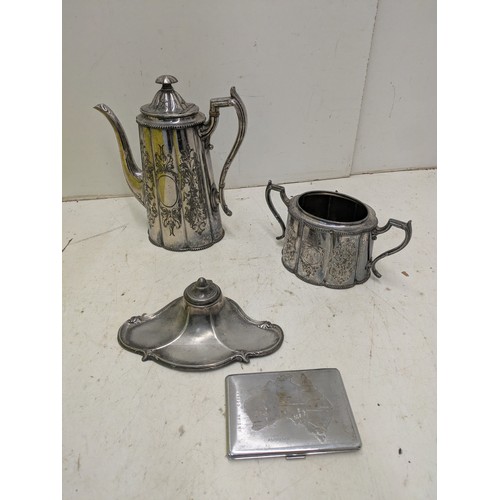 880 - A selection of silver plated objects including jugs, cigarette cases, inkwells etc