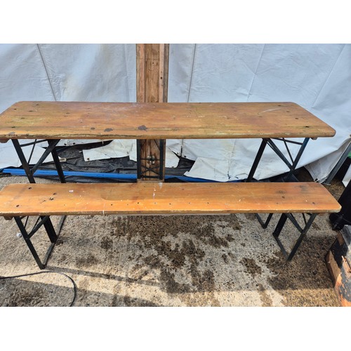 26 - a collapsible pine table and 2 bench set