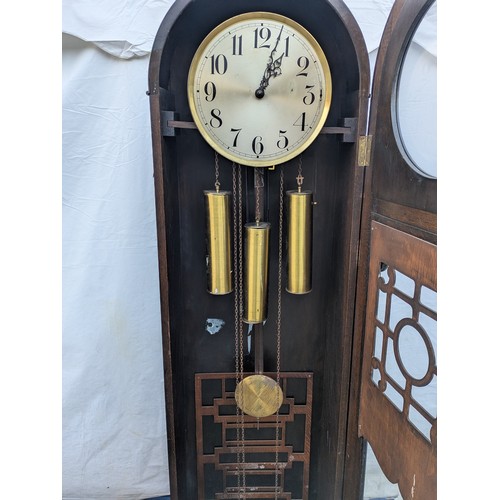 466 - A charming art deco style grandfather clock - chiming urgos movement in a tall oak case