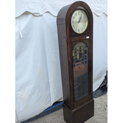 466 - A charming art deco style grandfather clock - chiming urgos movement in a tall oak case