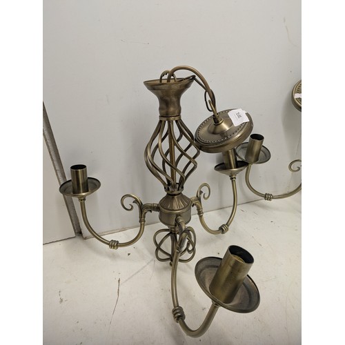 2012 - A pair of brass 3 branch chandelier