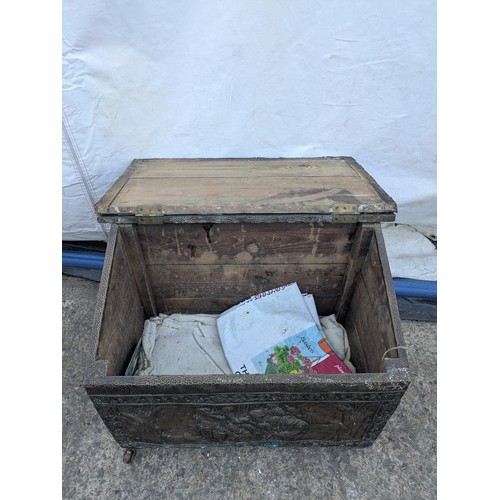 632 - A vintage wooden storage box on castor wheels