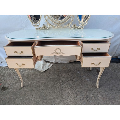 612 - An ornate renaissance style dressing table with three piece mirror and matching stool