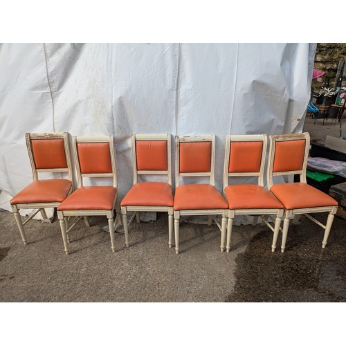 415 - A set of 6 painted pine dining chairs with red faux leather upholstery