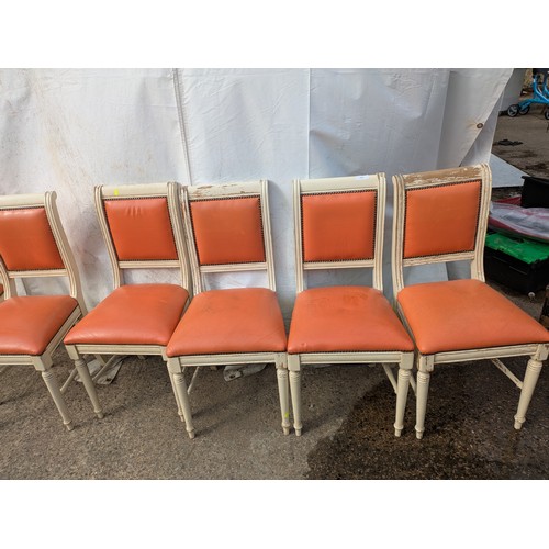 415 - A set of 6 painted pine dining chairs with red faux leather upholstery