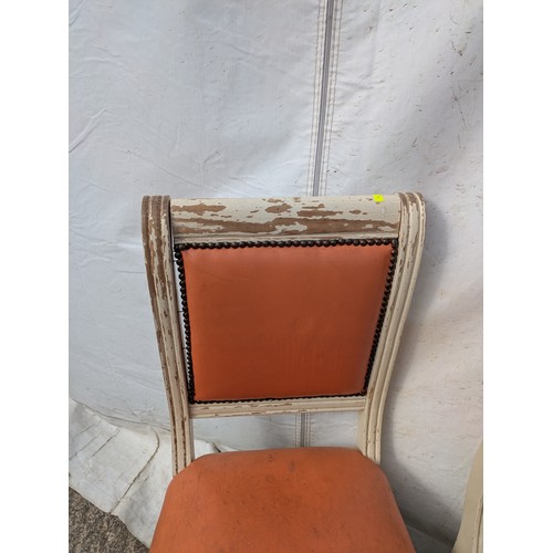 415 - A set of 6 painted pine dining chairs with red faux leather upholstery