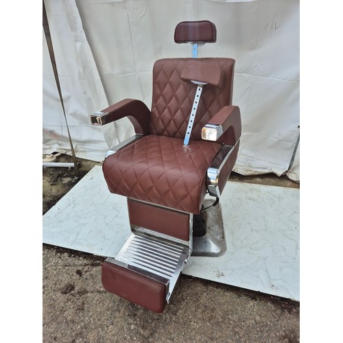 407 - A retro red faux leather and chrome barber's chair - fully adjustable with head rest