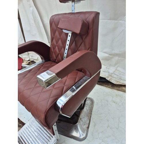 407 - A retro red faux leather and chrome barber's chair - fully adjustable with head rest