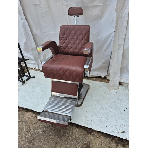 406 - A retro red faux leather and chrome barber's chair - fully adjustable with head rest