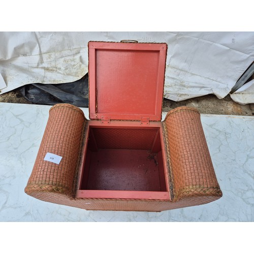 410 - An interesting wicker storage box with padded fabric seat base