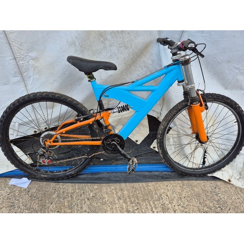 13 - A full suspension mountain bike with dual crown front forks