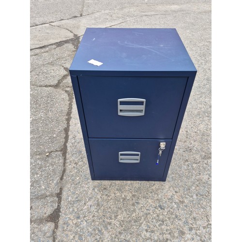 119 - A blue metal 2 drawer filing cabinet with key