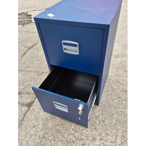 119 - A blue metal 2 drawer filing cabinet with key