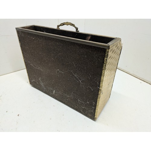 662 - A vintage brass newspaper rack with a traditional scene