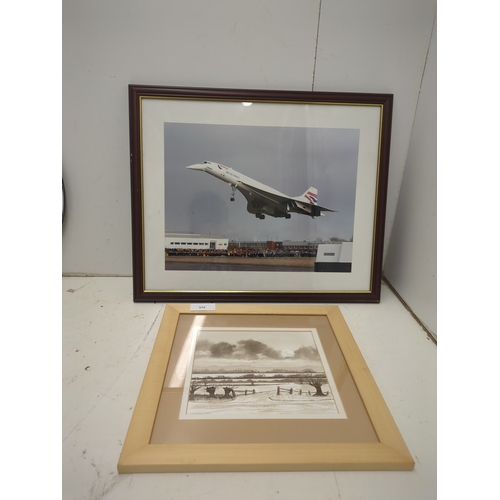 816 - A framed picture of Concorde and a watercolour painting of a landscape