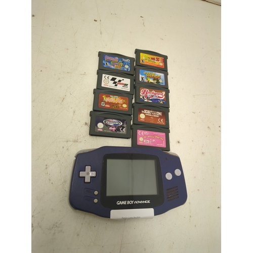A Nintendo Gameboy console with a large selection of games