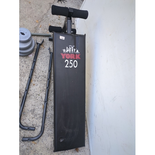 20 - A workout bench with a selection of weights