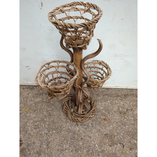 148 - Rustic Driftwood Plant Stand with Wicker Baskets
