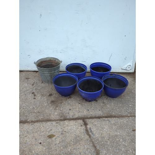 124 - Lot of 5 Blue Plastic Plant Pots and Metal Bucket