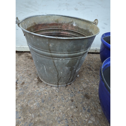124 - Lot of 5 Blue Plastic Plant Pots and Metal Bucket