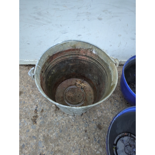 124 - Lot of 5 Blue Plastic Plant Pots and Metal Bucket