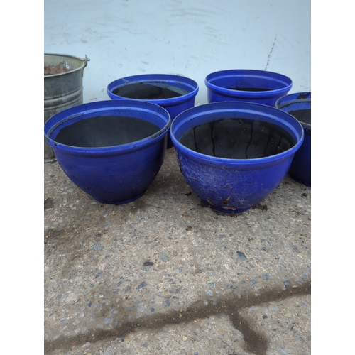 124 - Lot of 5 Blue Plastic Plant Pots and Metal Bucket